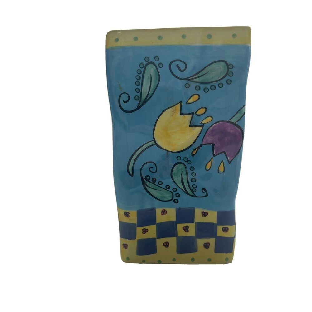MILSON & LOUIS - Whimsical Hand Painted Vase - Flowers‎ and Blue background